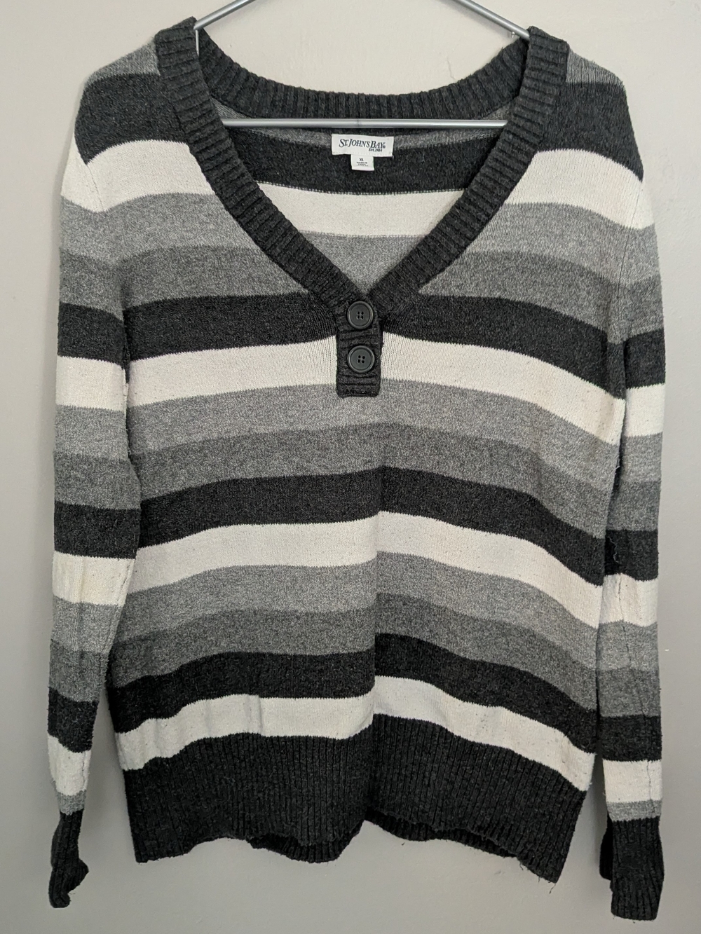St. John's Bay Women's Gray, Light Gray & White Striped V-Neck Sweater